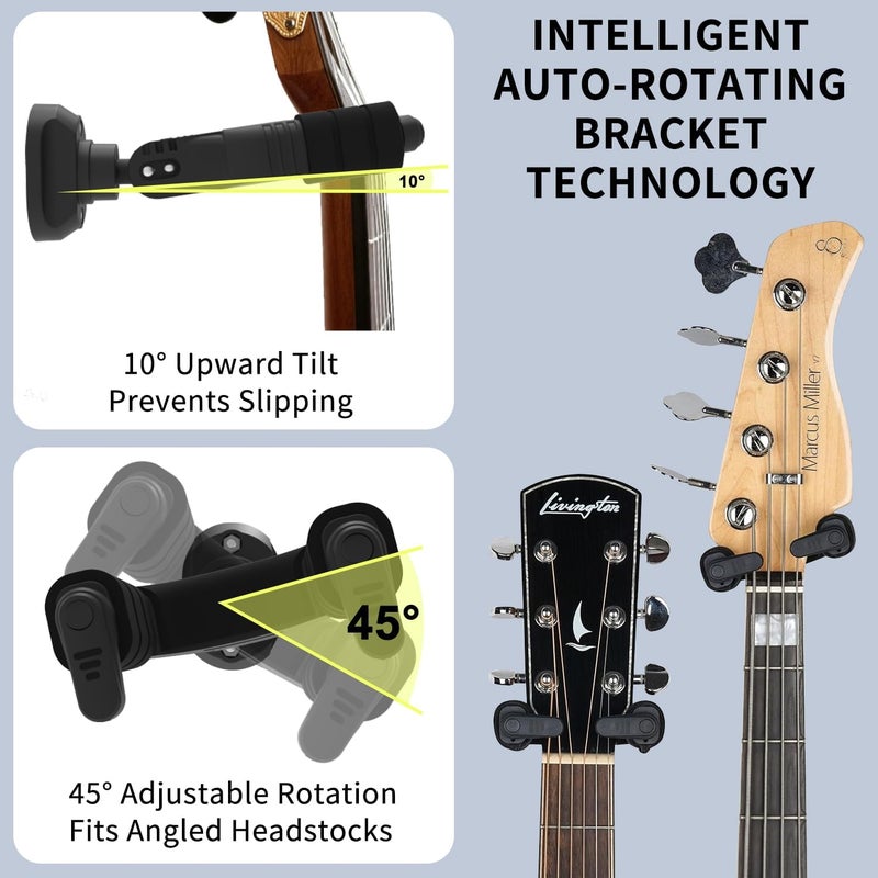 AUPHY 2-Pack Guitar Wall Hanger, Auto-Lock Guitar Wall Mount with Nitro-Safe Velvet, Universal Holder for Acoustic/Electric/Bass Guitars - Wall Guitar Mount Value Set (Nylon) - Image 3